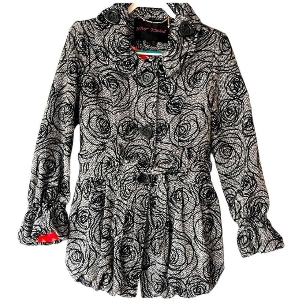 Betsey Johnson Black Rose Garden Tweed Jacket Coat Blazer Wool Blend, Sz 8